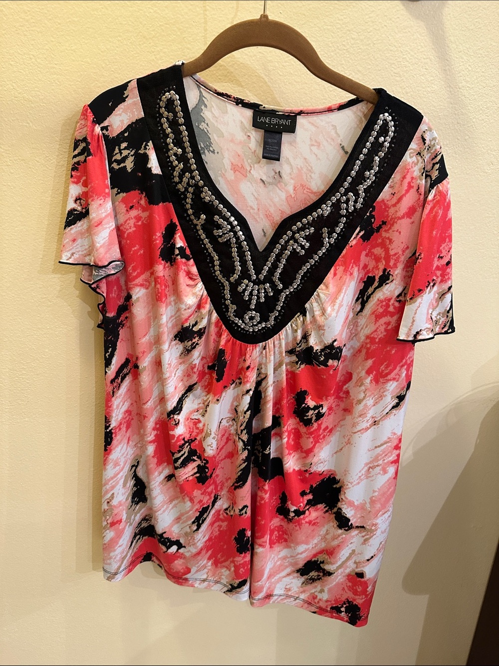 Lane Bryant Coral Pink & Black Beaded V-Neck Flutter Top